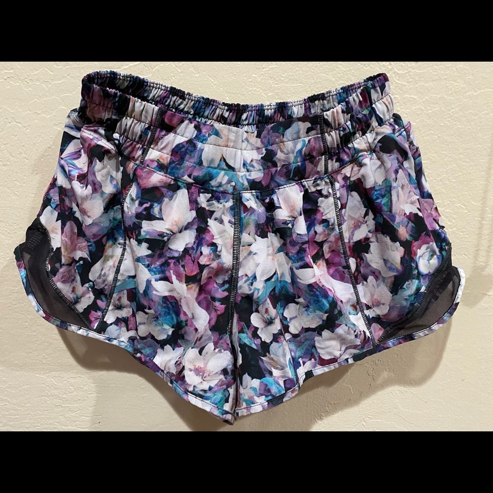 Flower print Lululemon running shorts.